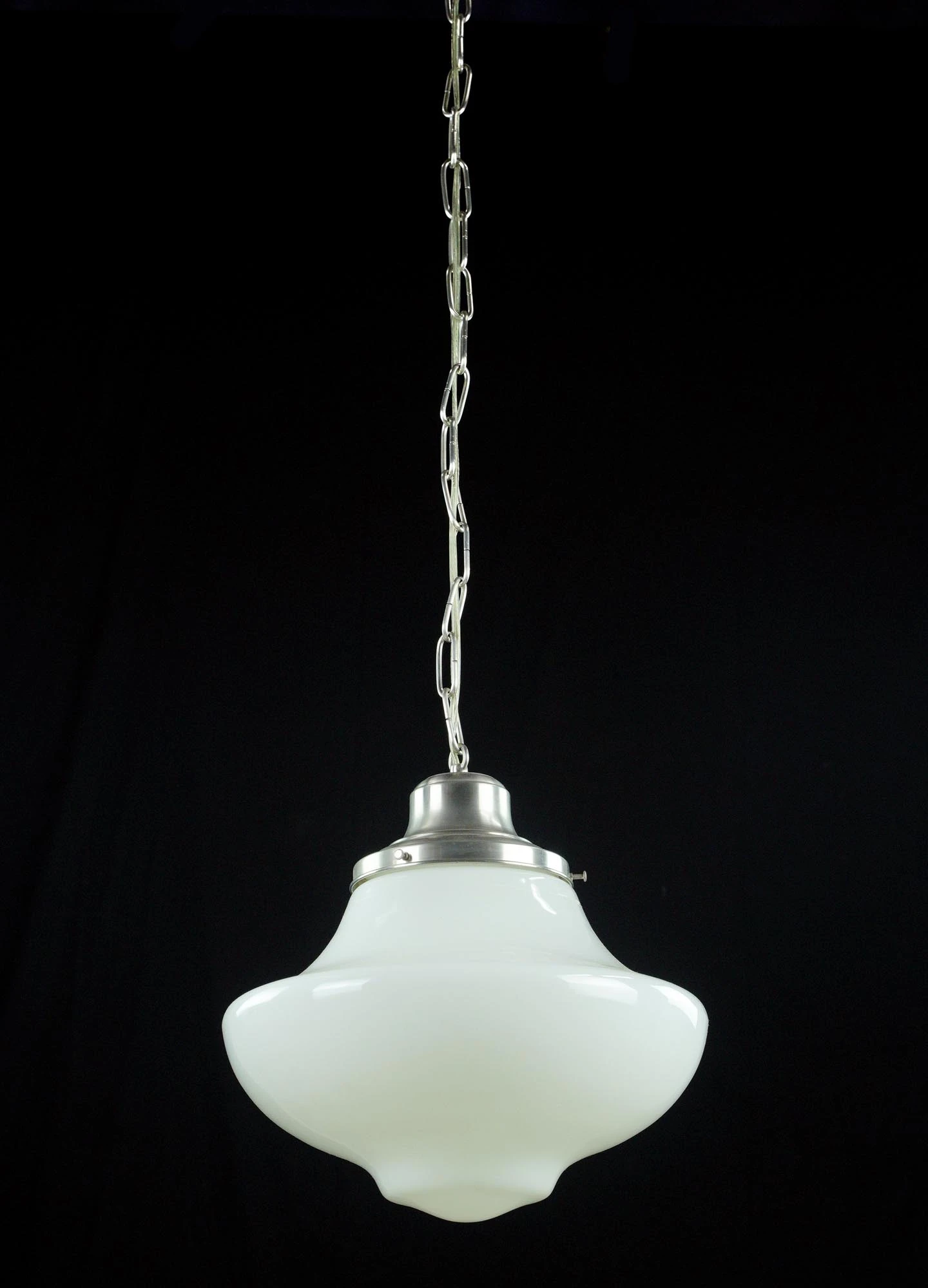 Vintage Schoolhouse Milk Glass Globe Aluminum Chain Pendant Light 4 Vintage Schoolhouse Milk Glass Globe Aluminum Chain Pendant Light - Image 2