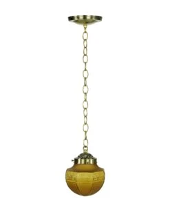 Vintage Greek Key Amber Glass & Steel Chain Pendant Light