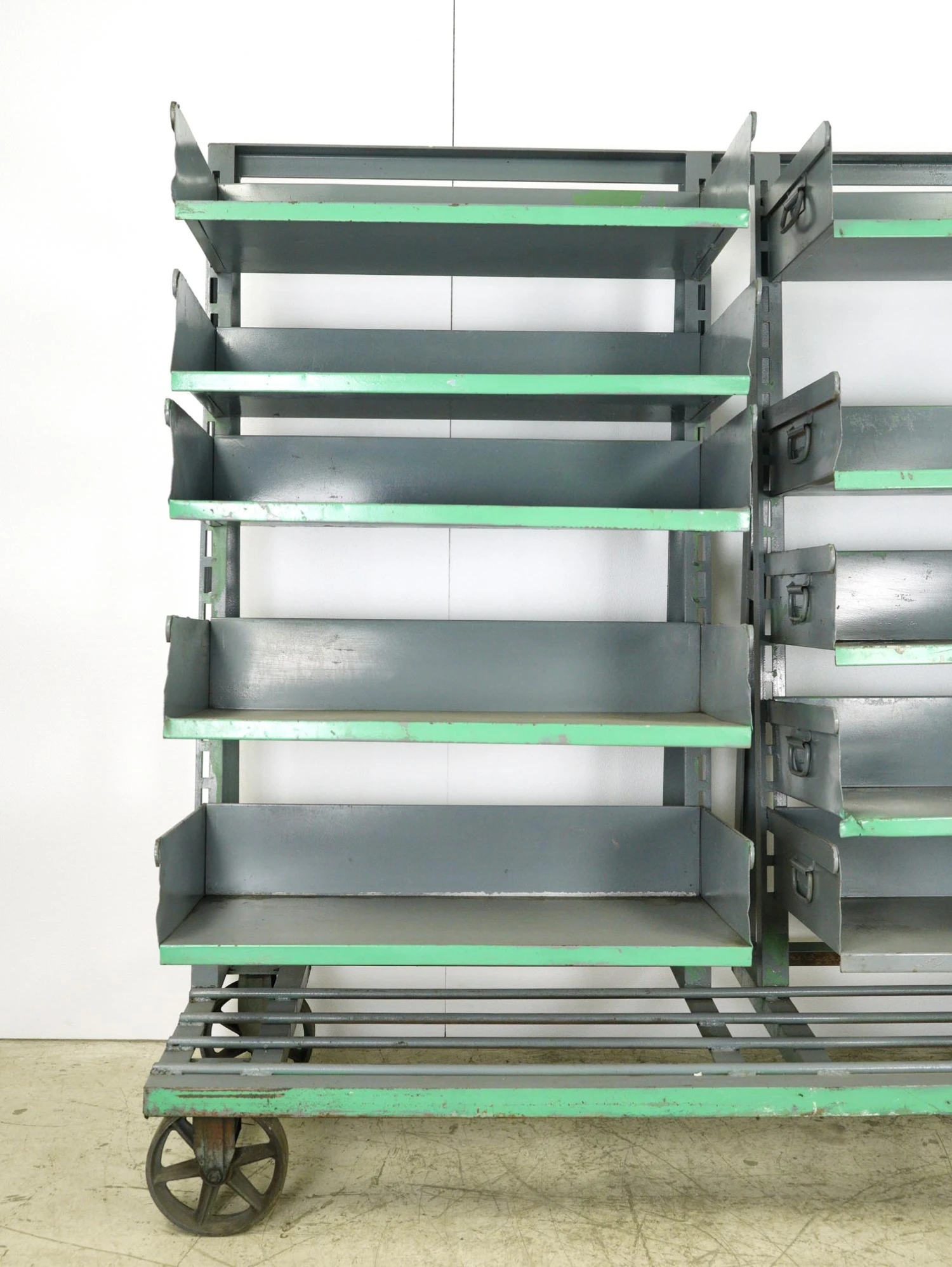 Industrial Gray Steel Double Adjustable Tray Rolling Cart 5 Industrial Gray Steel Double Adjustable Tray Rolling Cart - Image 3