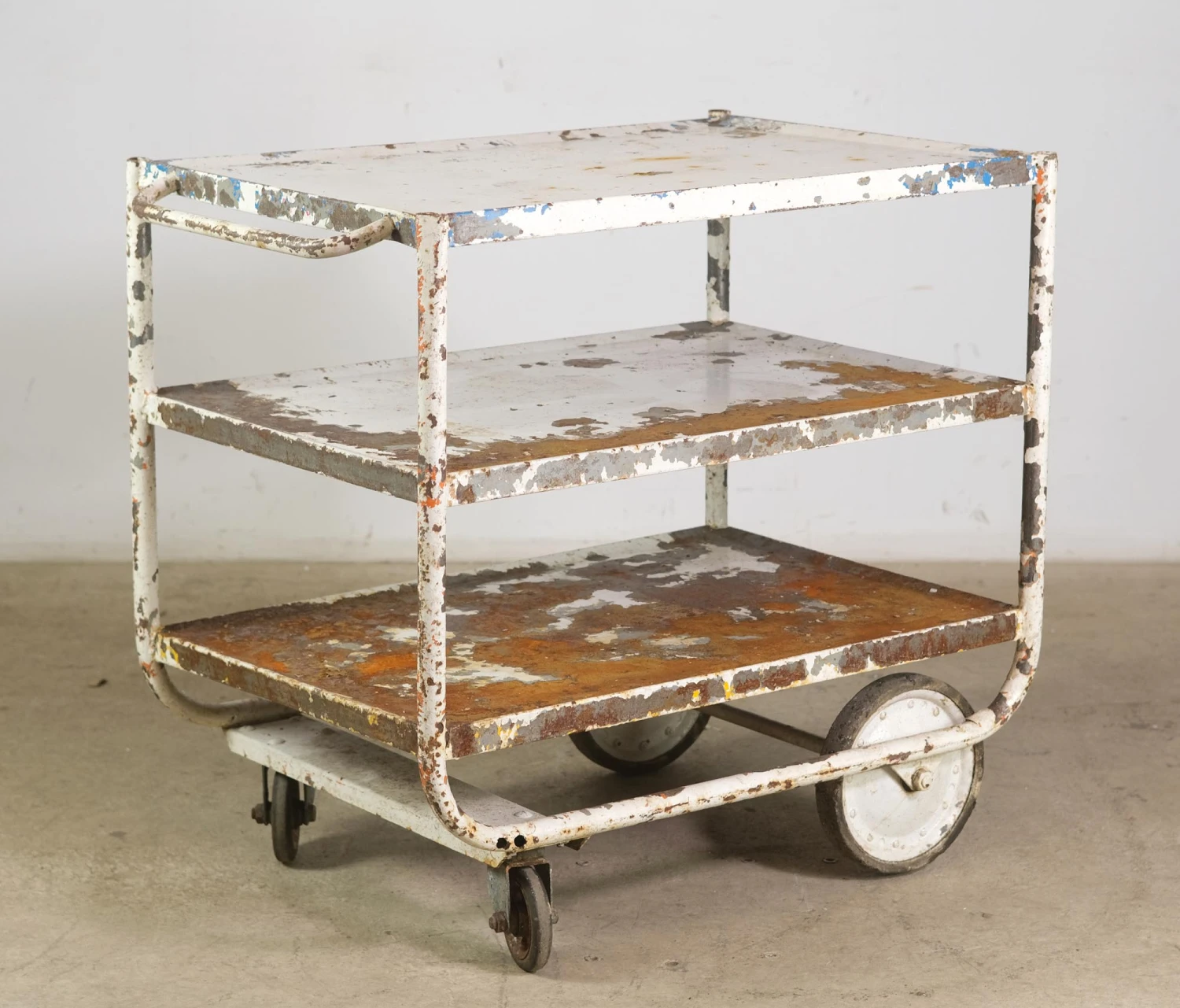 Reclaimed 3 Tier Industrial White Painted Steel Cart 4 Reclaimed 3 Tier Industrial White Painted Steel Cart - Image 2