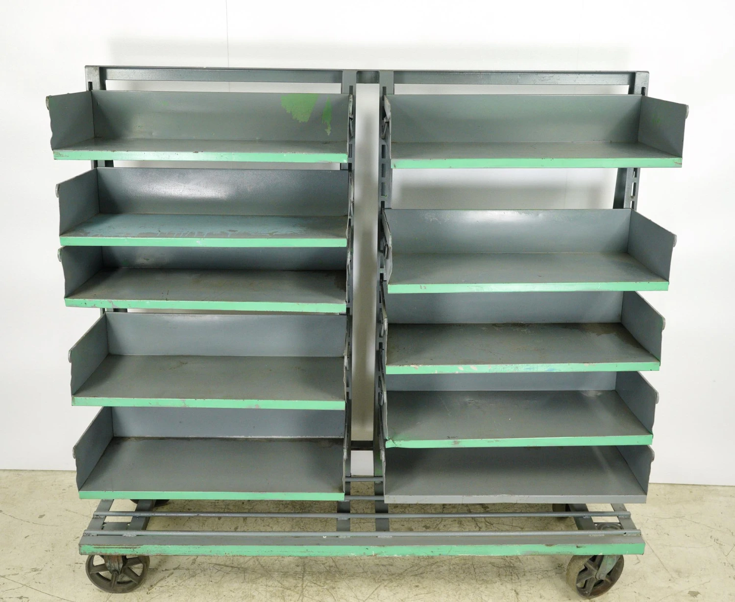 Industrial Gray Steel Double Adjustable Tray Rolling Cart 4 Industrial Gray Steel Double Adjustable Tray Rolling Cart - Image 2