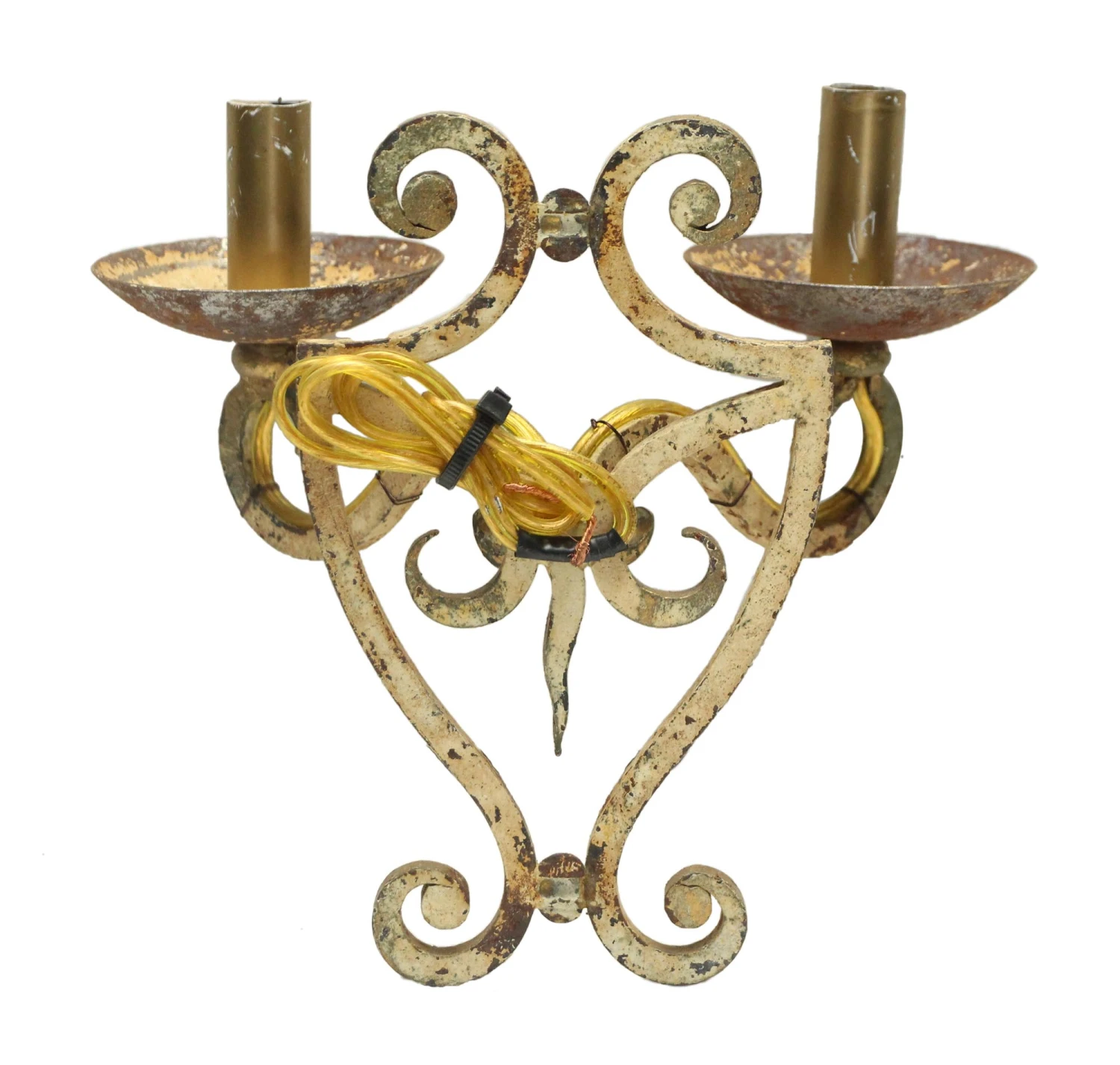 Pair Of Antique French 2 Arm Tan Iron Wall Sconces 7 Pair Of Antique French 2 Arm Tan Iron Wall Sconces - Image 5