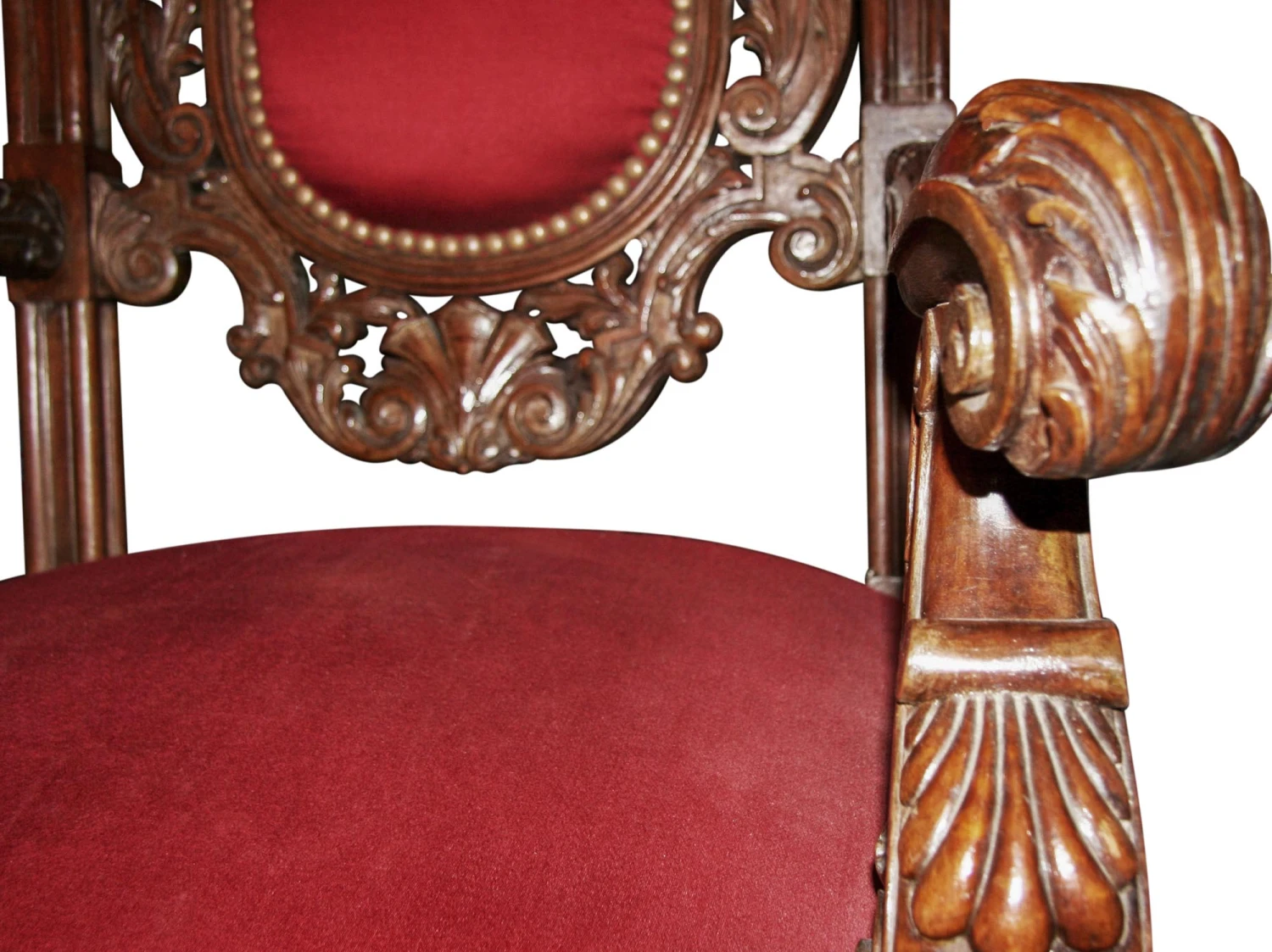 Late 19th Century Pair Of Italian Carved Walnut Chairs With Red Upholstery 6 Late 19th Century Pair Of Italian Carved Walnut Chairs With Red Upholstery - Image 4