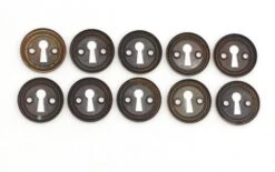 Set Of 10 Vintage Circular 1.5 In. Brass Plated Steel Door Keyhole Covers 7 Set Of 10 Vintage Circular 1.5 In. Brass Plated Steel Door Keyhole Covers -OGT Sale Store keyhole covers for sale p260770s
