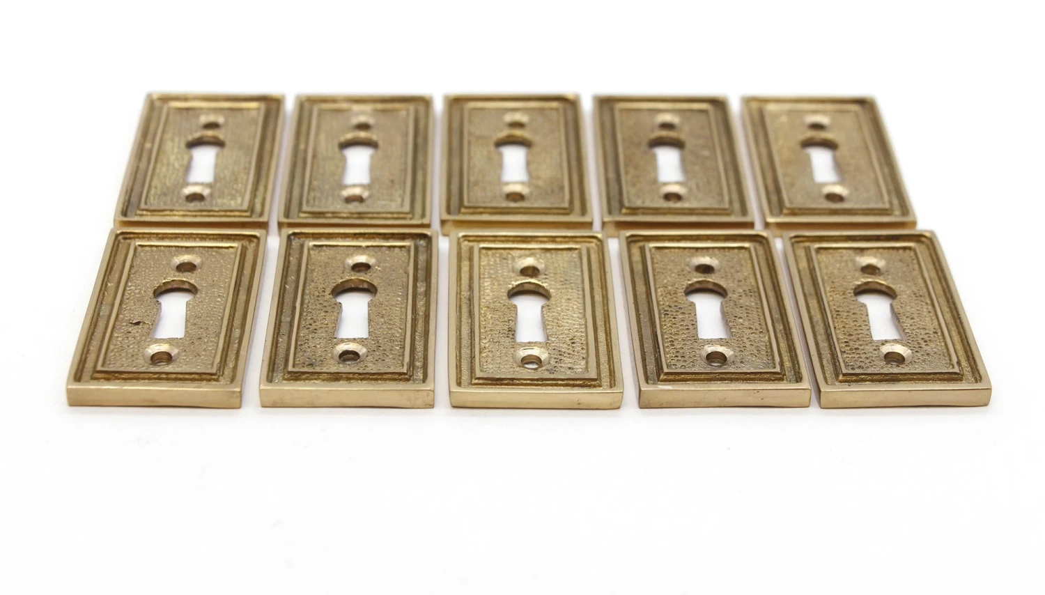 Set Of 10 Art Deco Square Edged Brass Textured Escutcheons 4 Set Of 10 Art Deco Square Edged Brass Textured Escutcheons - Image 2