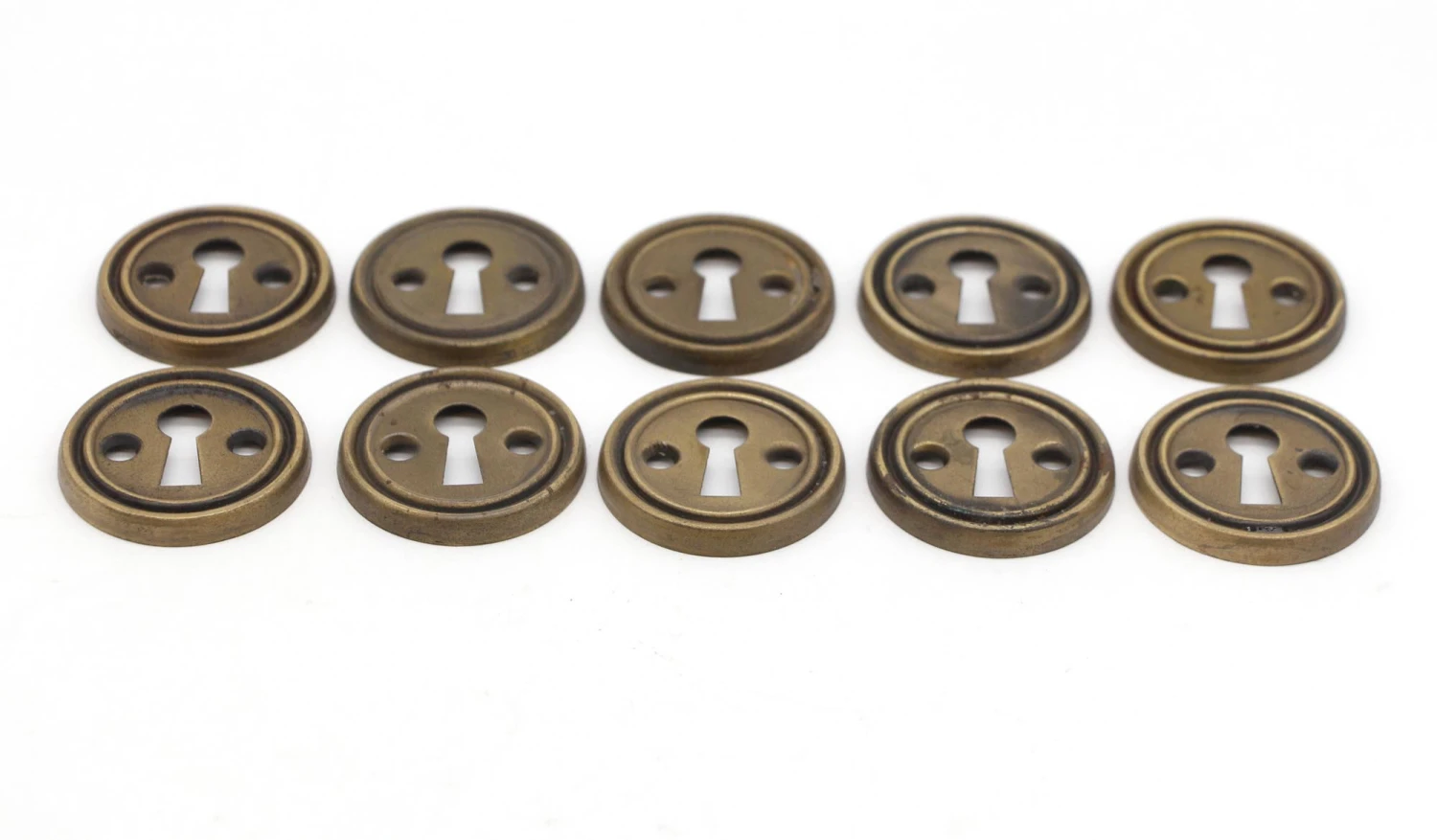Set Of 10 Vintage Circular 1.5 In. Brass Plated Steel Door Keyhole Covers 4 Set Of 10 Vintage Circular 1.5 In. Brass Plated Steel Door Keyhole Covers - Image 2
