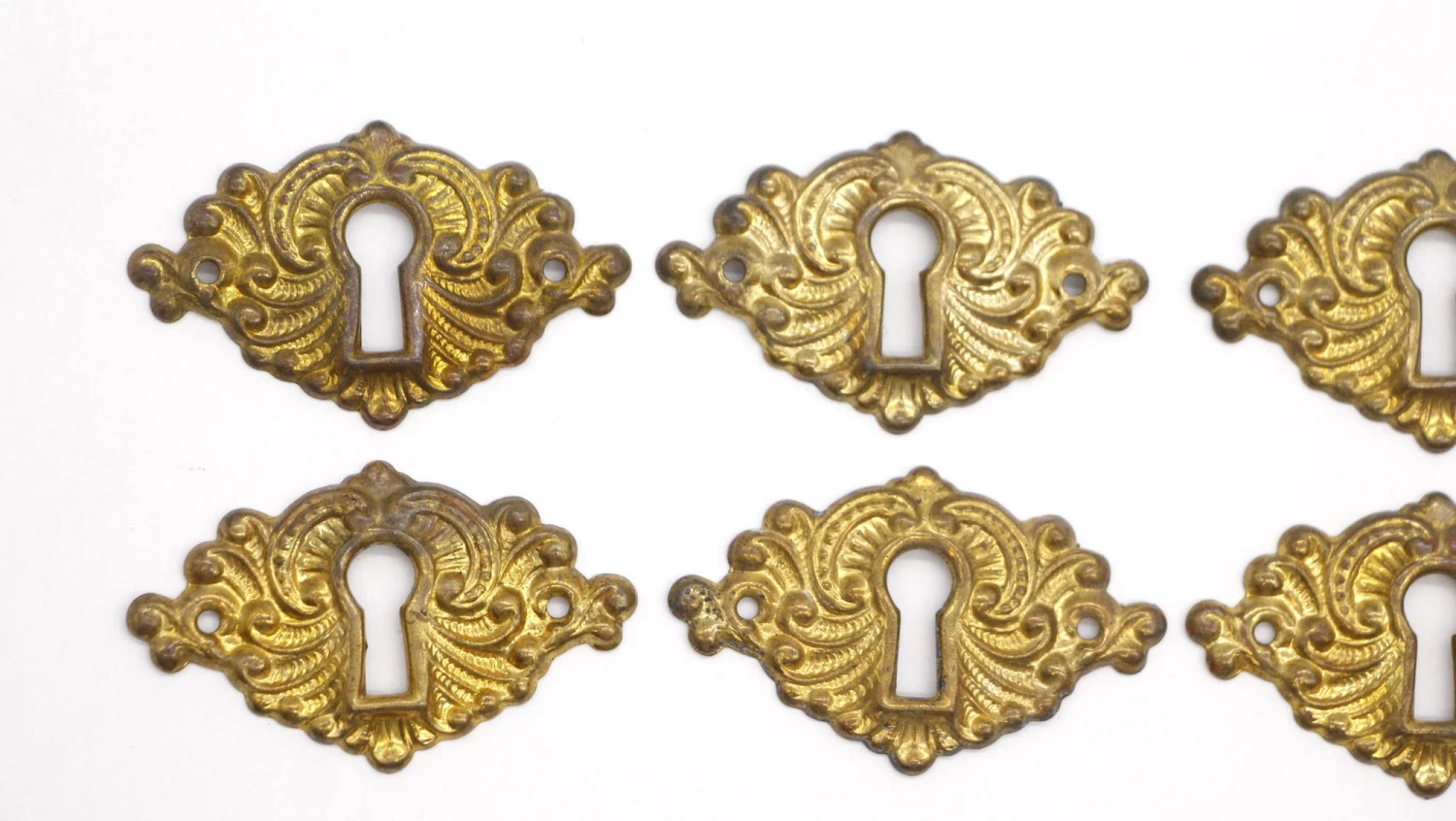 Set Of 10 Ornate Pressed Brass Keyhole Covers 4 Set Of 10 Ornate Pressed Brass Keyhole Covers - Image 2