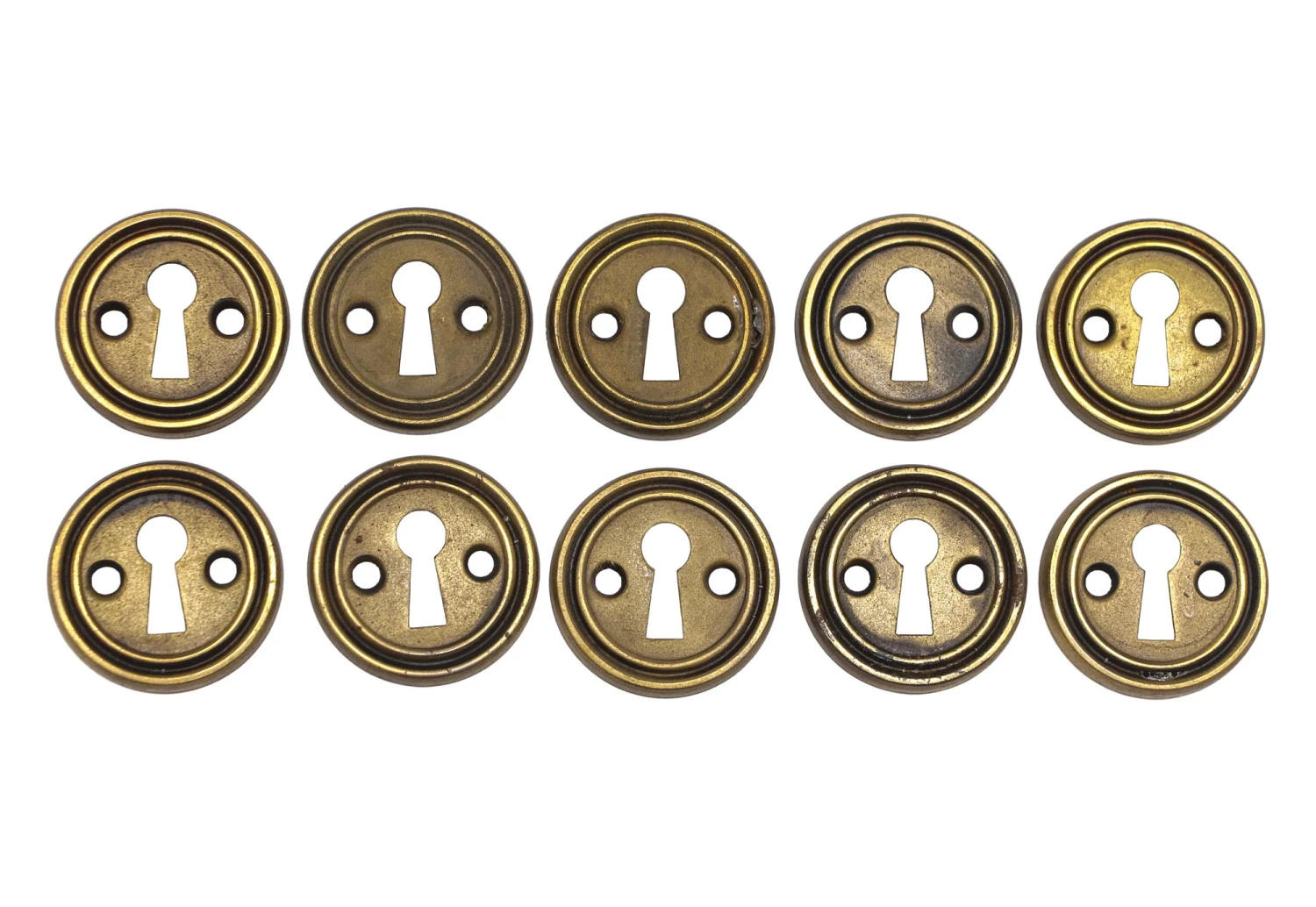 Set Of 10 Vintage Circular 1.5 In. Brass Plated Steel Door Keyhole Covers 3 Set Of 10 Vintage Circular 1.5 In. Brass Plated Steel Door Keyhole Covers