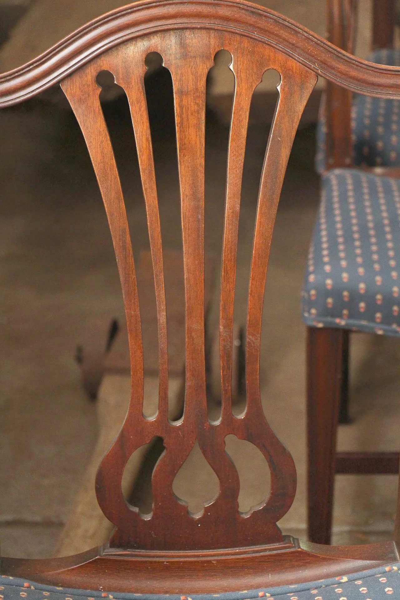 Vintage Medium Tone Wood Blue Upholstered Arm Chair 5 Vintage Medium Tone Wood Blue Upholstered Arm Chair - Image 3