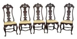 Set Of Five Dark Wood Armless Chairs With Floral Details