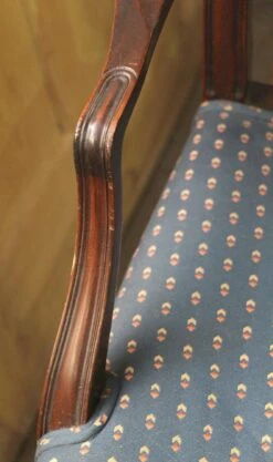 Vintage Medium Tone Wood Blue Upholstered Arm Chair 12 Vintage Medium Tone Wood Blue Upholstered Arm Chair -OGT Sale Store l203276 04