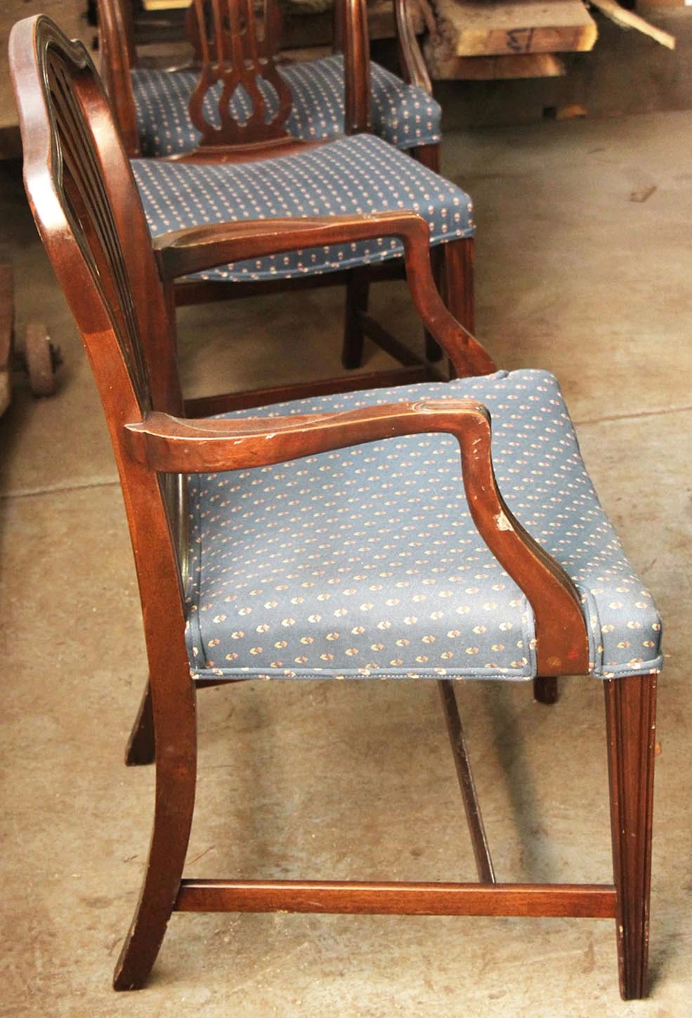 Vintage Medium Tone Wood Blue Upholstered Arm Chair 8 Vintage Medium Tone Wood Blue Upholstered Arm Chair - Image 6