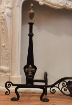 Victorian Fleur De Lis Black Wrought Iron Andiron Set -OGT Sale Store l205701 05