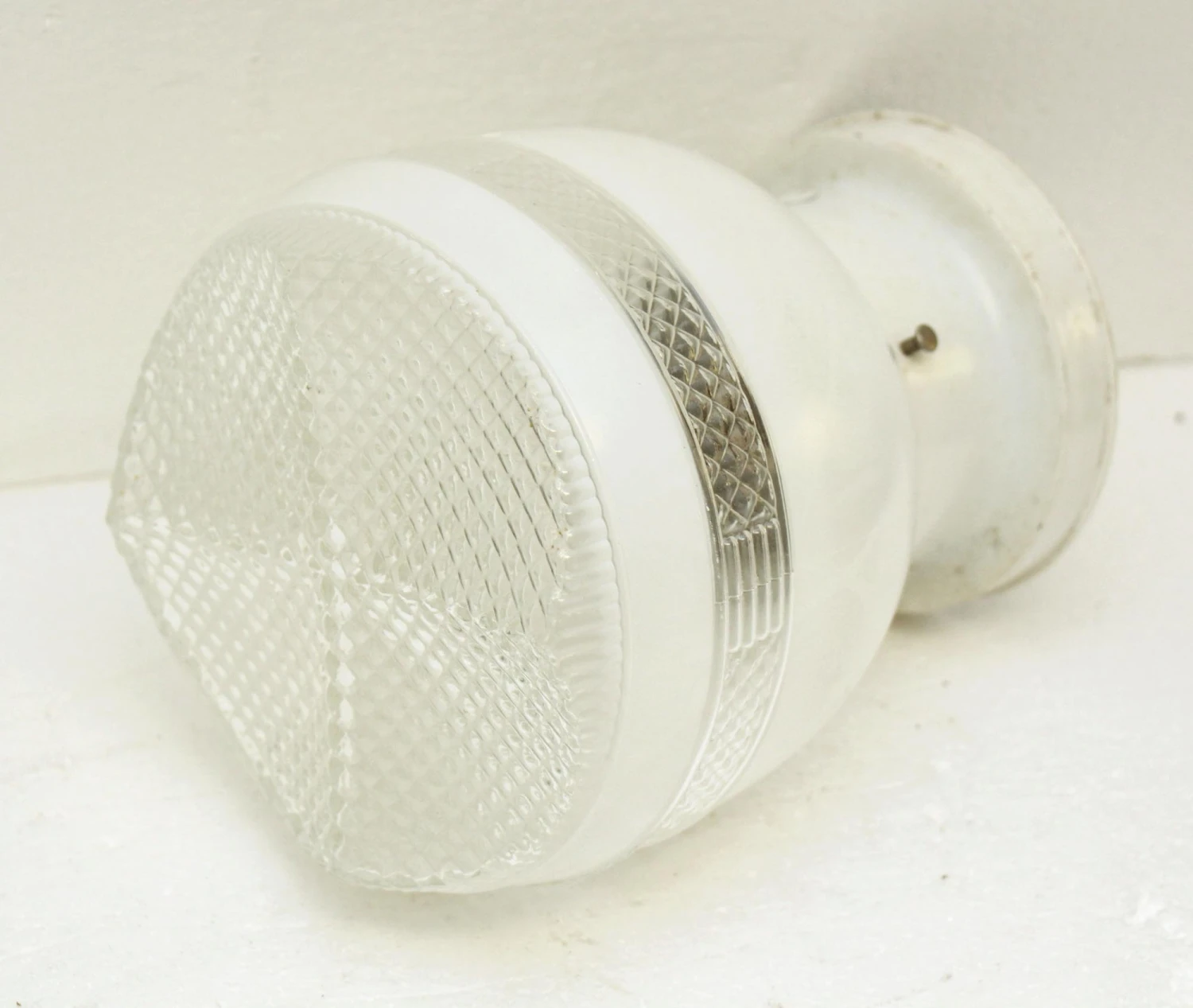 1950s Bathroom White & Clear Glass White Brass Fitter Semi Flush Mount 6 1950s Bathroom White & Clear Glass White Brass Fitter Semi Flush Mount - Image 4