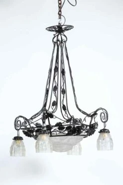 1930s Art Deco Wrought Iron & Glass 4 Light Chandelier -OGT Sale Store l317727 06