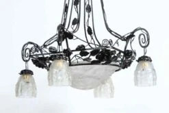 1930s Art Deco Wrought Iron & Glass 4 Light Chandelier -OGT Sale Store l317727 07