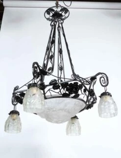 1930s Art Deco Wrought Iron & Glass 4 Light Chandelier -OGT Sale Store l317727 08