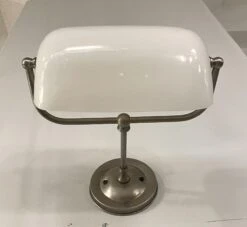 Vintage Nickel Plated White Milk Glass Banker Wall Lamp Sconce 14 Vintage Nickel Plated White Milk Glass Banker Wall Lamp Sconce -OGT Sale Store lighting for sale p267513