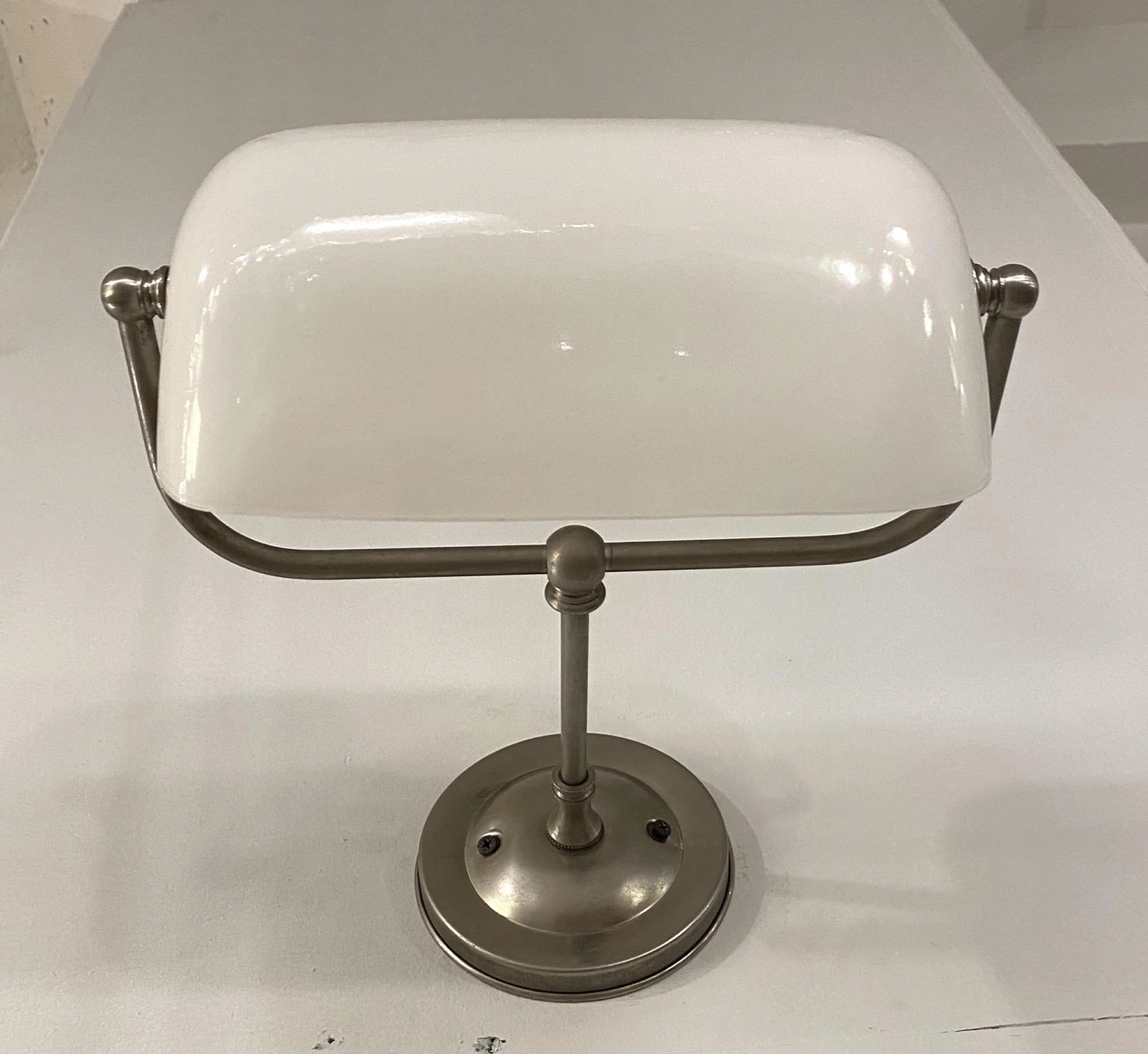 Vintage Nickel Plated White Milk Glass Banker Wall Lamp Sconce 5 Vintage Nickel Plated White Milk Glass Banker Wall Lamp Sconce - Image 3