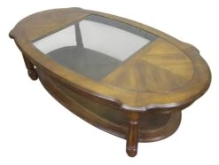 1990s Oval Oak Coffee Table With Center Glass Top