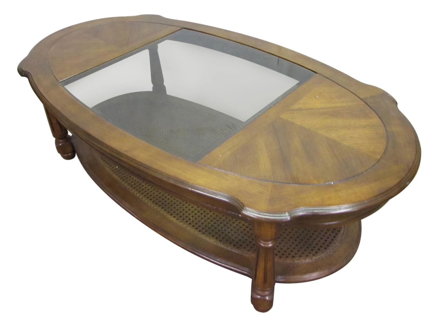 1990s Oval Oak Coffee Table With Center Glass Top 3 1990s Oval Oak Coffee Table With Center Glass Top