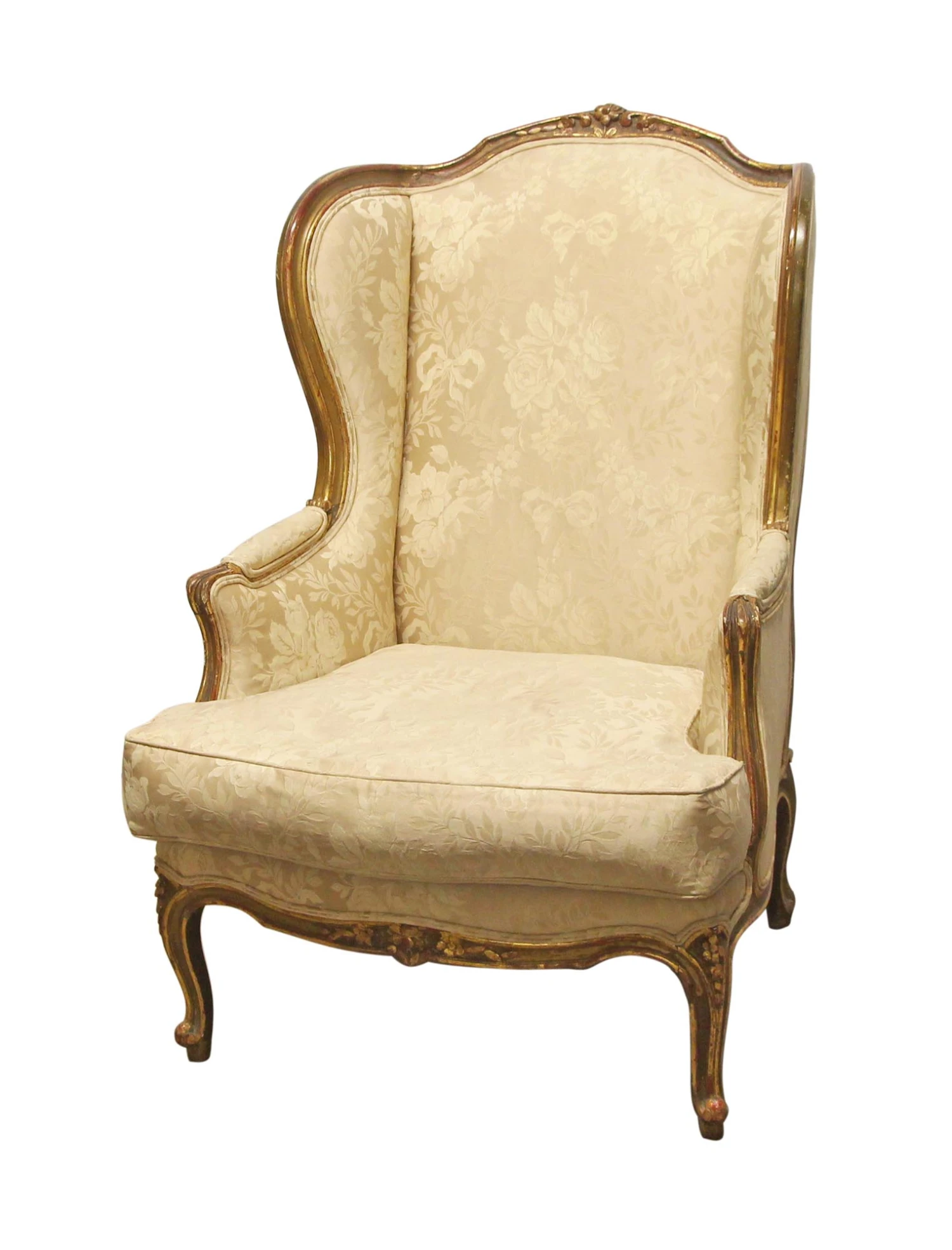 Antique Carved Wood Stuffed Wing Back Chair 3 Antique Carved Wood Stuffed Wing Back Chair