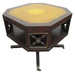 Antique Octagon Shaped Leather Top Rolling Side Table