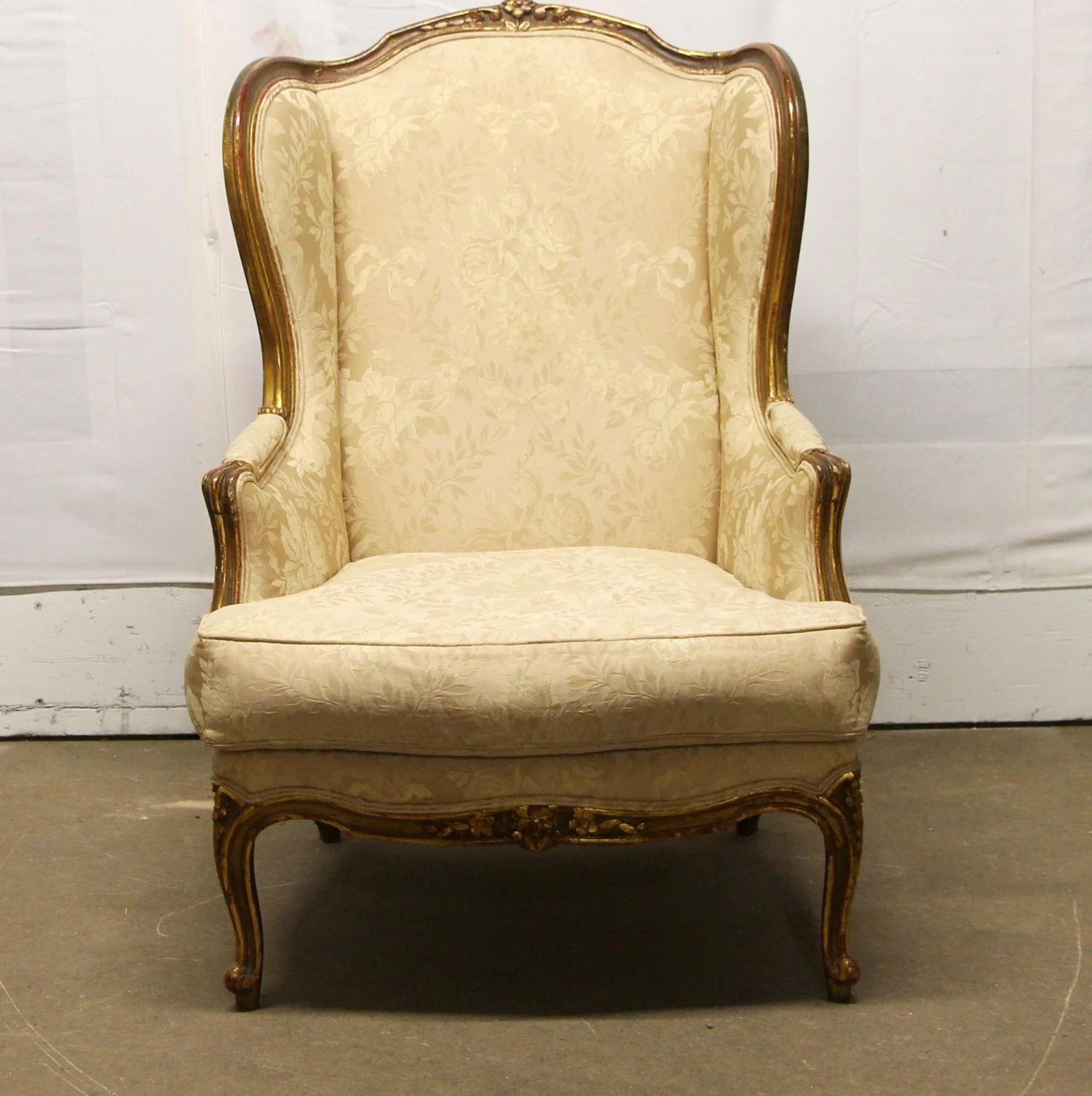 Antique Carved Wood Stuffed Wing Back Chair 5 Antique Carved Wood Stuffed Wing Back Chair - Image 3
