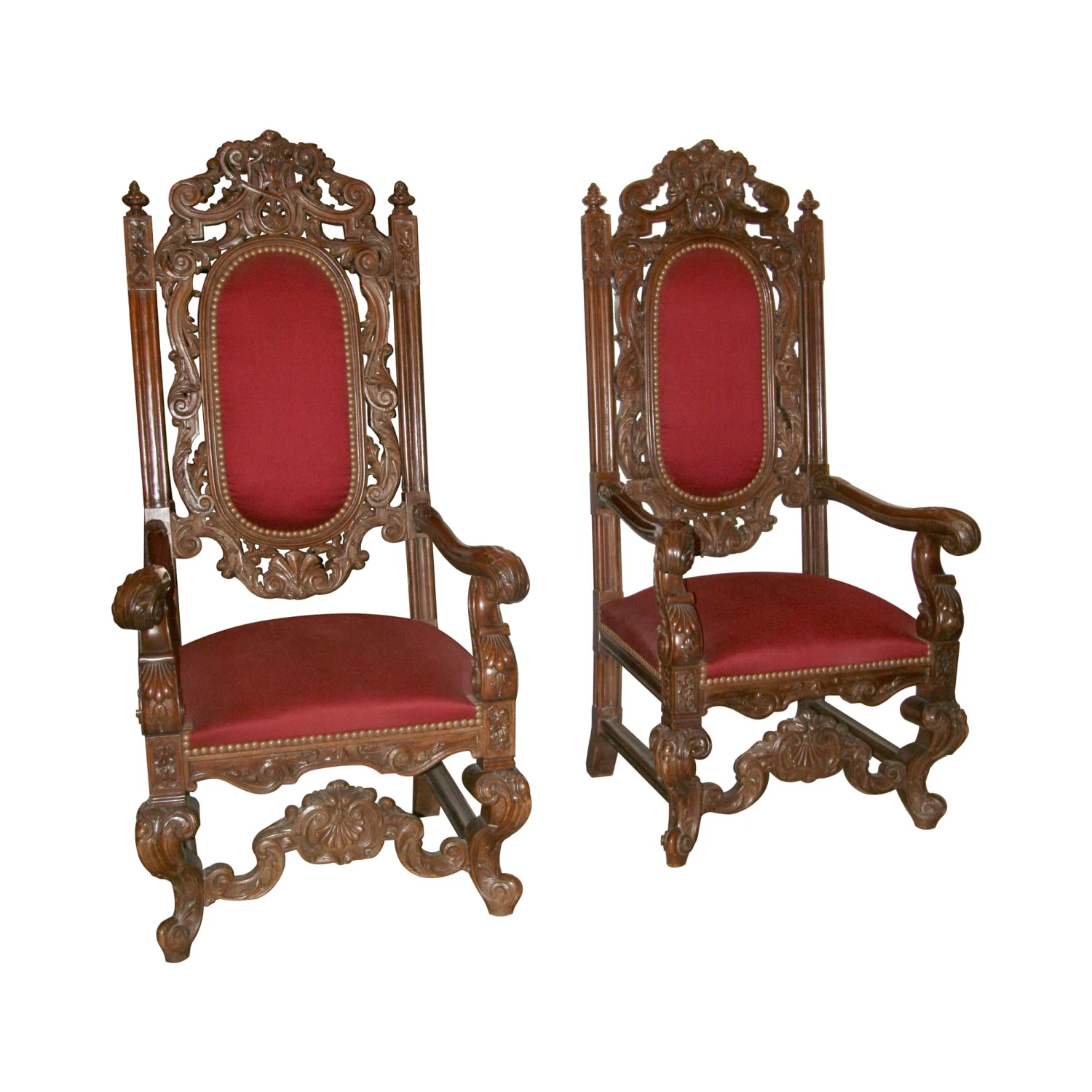 Late 19th Century Pair Of Italian Carved Walnut Chairs With Red Upholstery 4 Late 19th Century Pair Of Italian Carved Walnut Chairs With Red Upholstery - Image 2