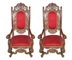 Late 19th Century Pair Of Italian Carved Walnut Chairs With Red Upholstery