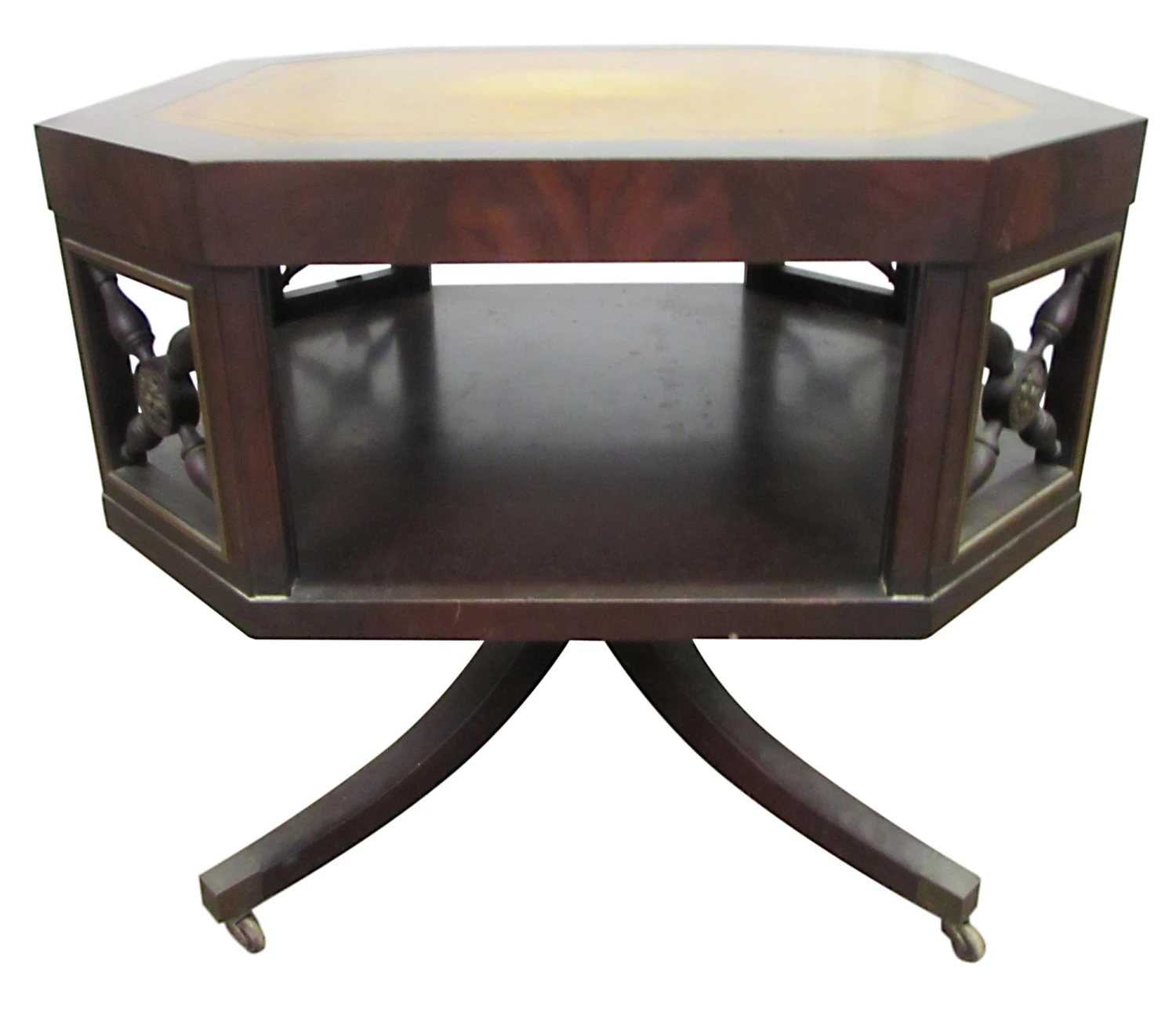 Antique Octagon Shaped Leather Top Rolling Side Table 4 Antique Octagon Shaped Leather Top Rolling Side Table - Image 2