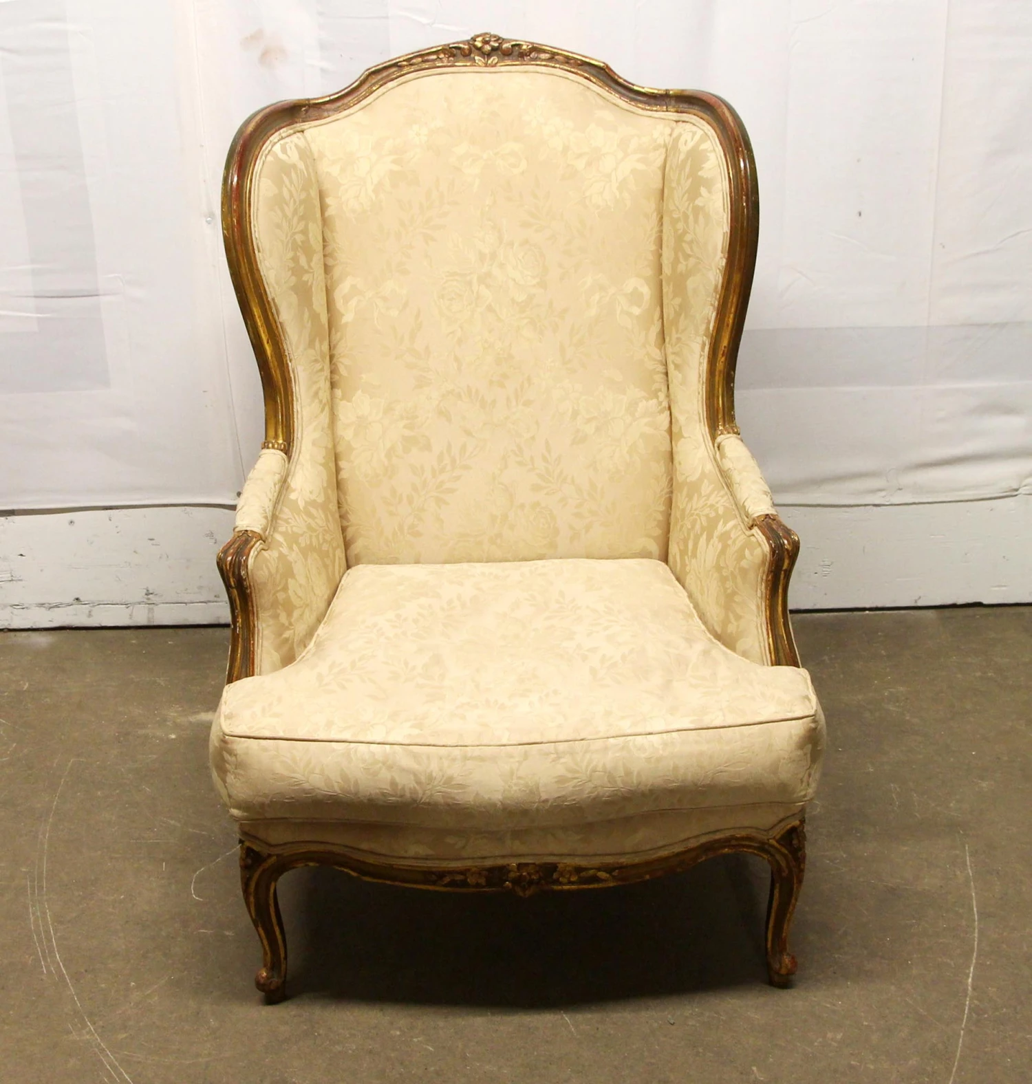 Antique Carved Wood Stuffed Wing Back Chair 4 Antique Carved Wood Stuffed Wing Back Chair - Image 2