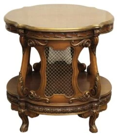 Vintage French Carved Wood Metal Grids Side Table