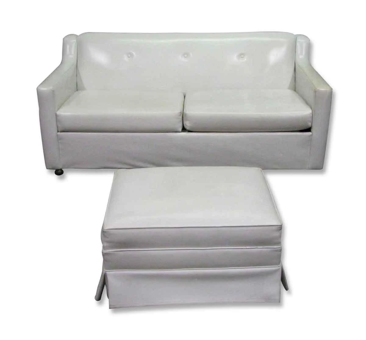 Vintage Mid Century White Vinyl Sofa & Ottoman 3 Vintage Mid Century White Vinyl Sofa & Ottoman