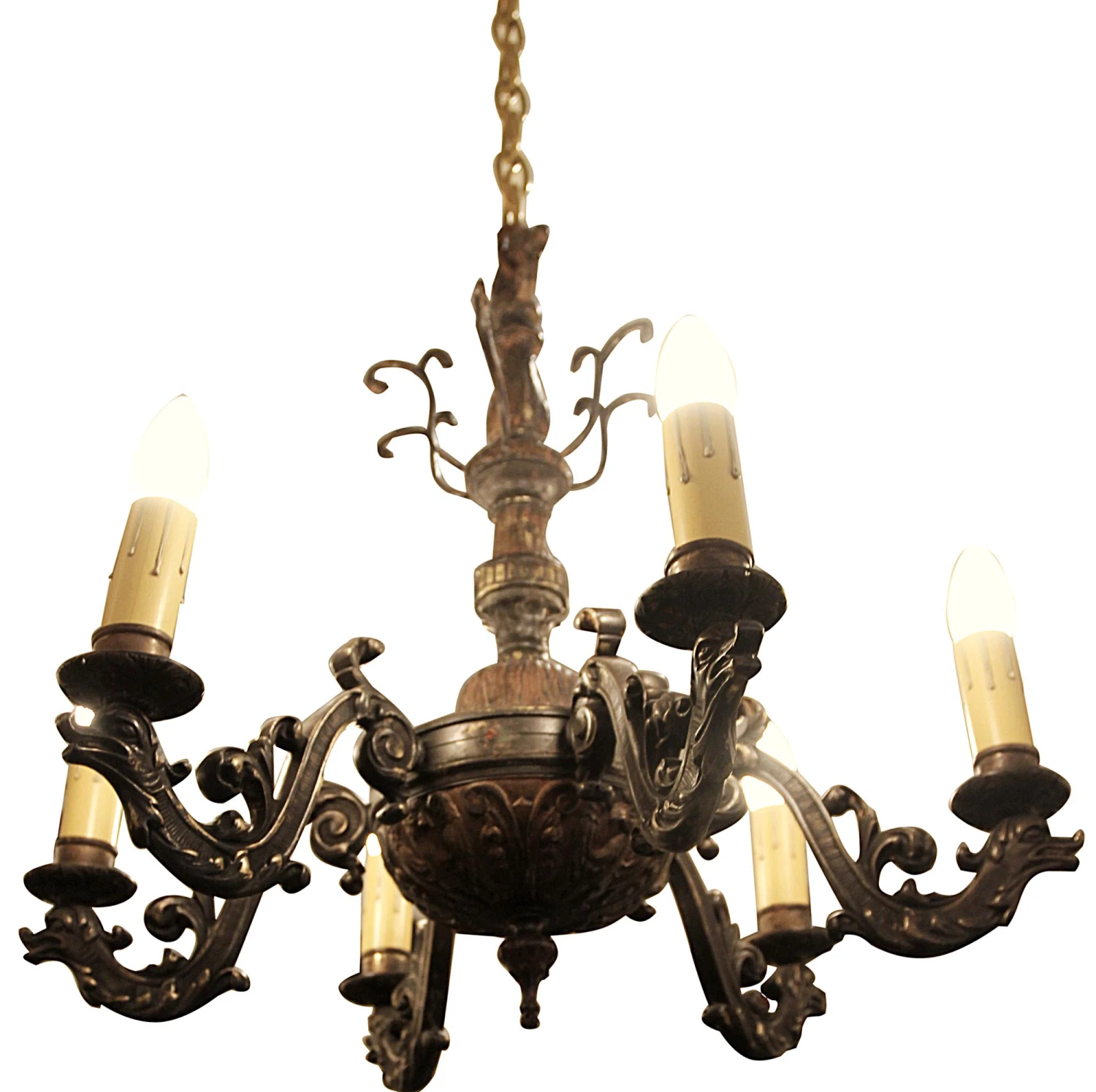 Victorian Bronze 6 Arm Seahorse Motif Chandelier 8 Victorian Bronze 6 Arm Seahorse Motif Chandelier - Image 6