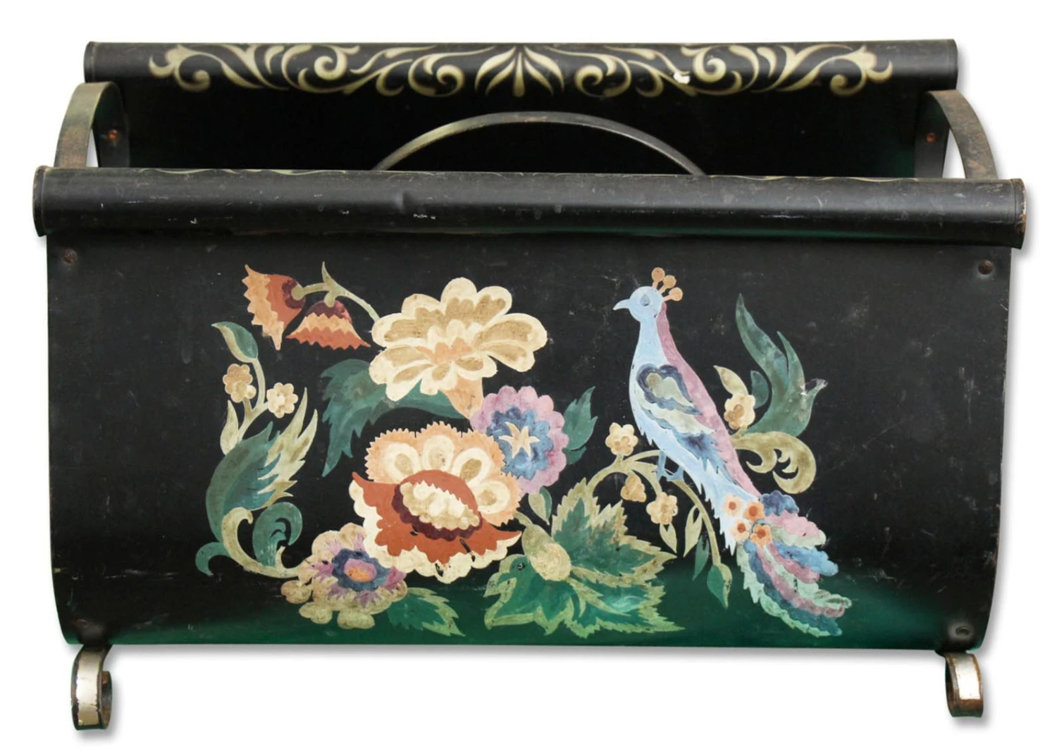 Vintage Hand Painted Black Floral Metal Magazine Holder 4 Vintage Hand Painted Black Floral Metal Magazine Holder - Image 2