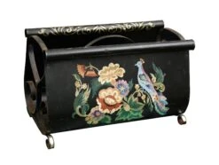Vintage Hand Painted Black Floral Metal Magazine Holder