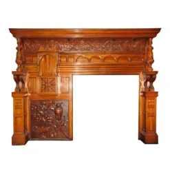 1880s Victorian Carved Whimsical Maple Wood Mantel