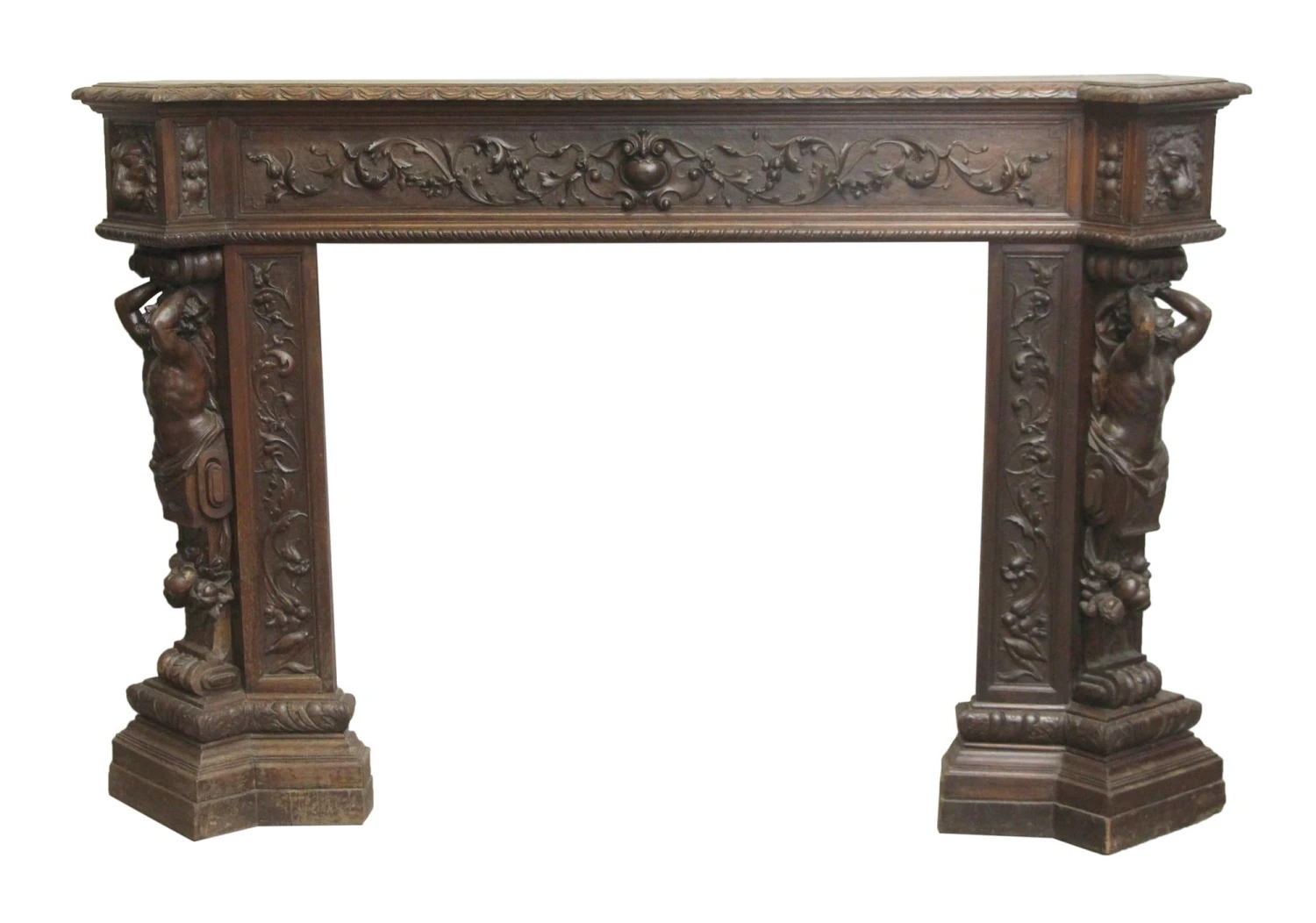 Antique 6.75 Ft. Wide Mahogany Carved Figural Mantel 3 Antique 6.75 Ft. Wide Mahogany Carved Figural Mantel