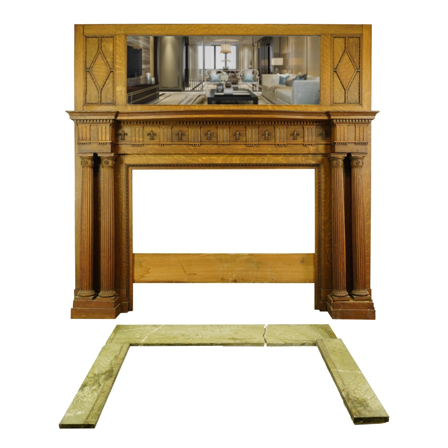 Antique Victorian Oak Mantel With Marble Surround 3 Antique Victorian Oak Mantel With Marble Surround