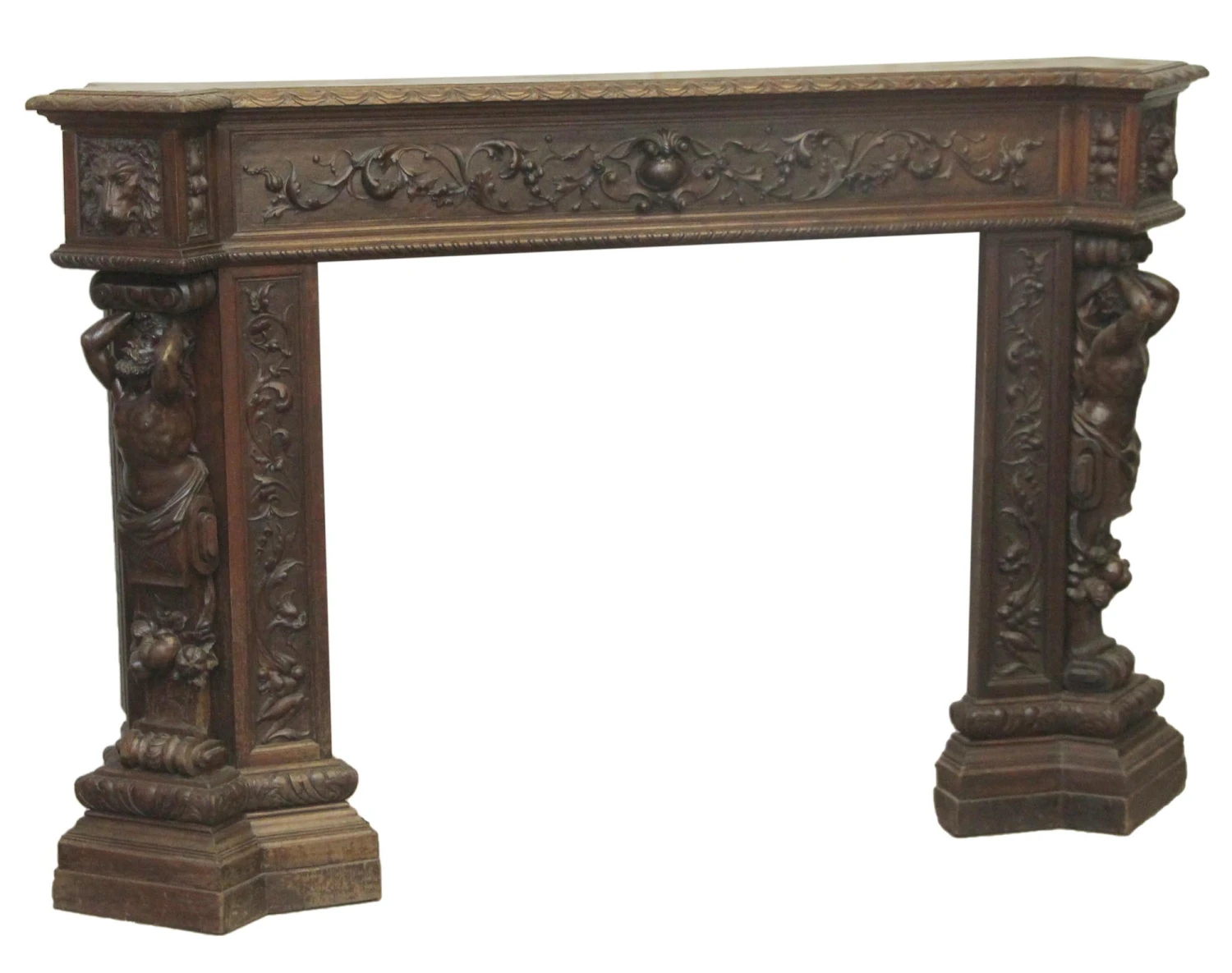 Antique 6.75 Ft. Wide Mahogany Carved Figural Mantel 4 Antique 6.75 Ft. Wide Mahogany Carved Figural Mantel - Image 2