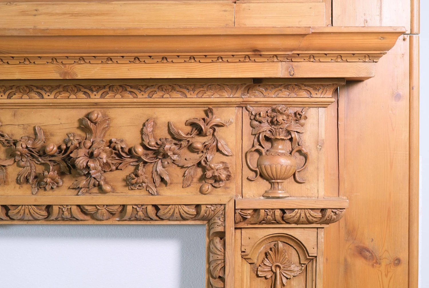 Vintage Carved Pine Floral Rococo Mantel With Over Mantel Molding 4 Vintage Carved Pine Floral Rococo Mantel With Over Mantel Molding - Image 2