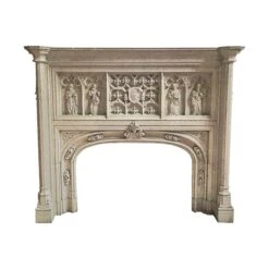 Antique Reclaimed Neo-Gothic Carved Tan Marble Mantel
