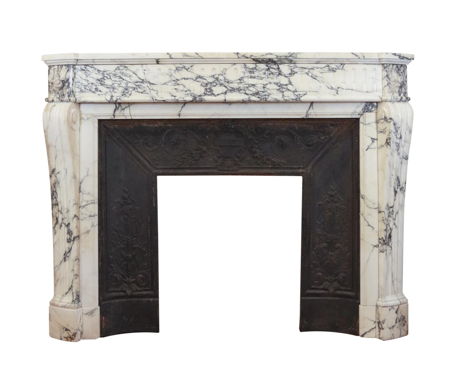 Louis XVI White & Gray Veined Marble Fireplace Mantel 3 Louis XVI White & Gray Veined Marble Fireplace Mantel