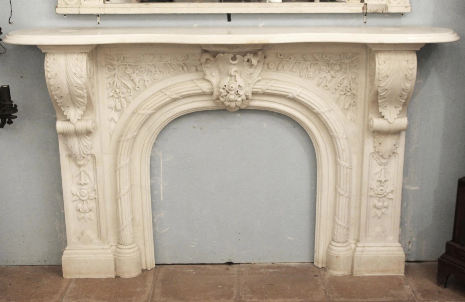 Heavily Carved Victorian Arched Statuary Marble Mantel 4 Heavily Carved Victorian Arched Statuary Marble Mantel - Image 2