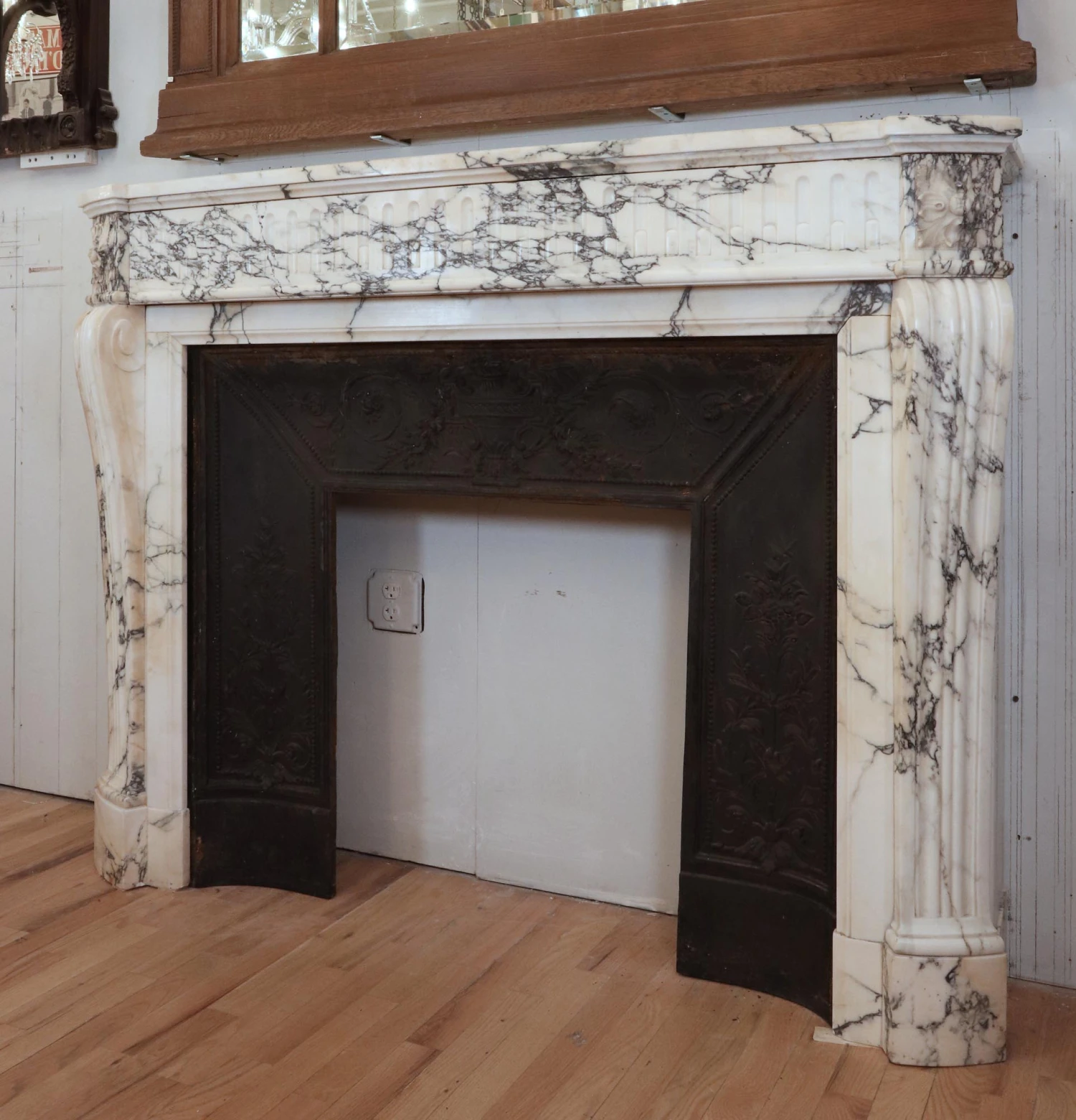 Louis XVI White & Gray Veined Marble Fireplace Mantel 4 Louis XVI White & Gray Veined Marble Fireplace Mantel - Image 2