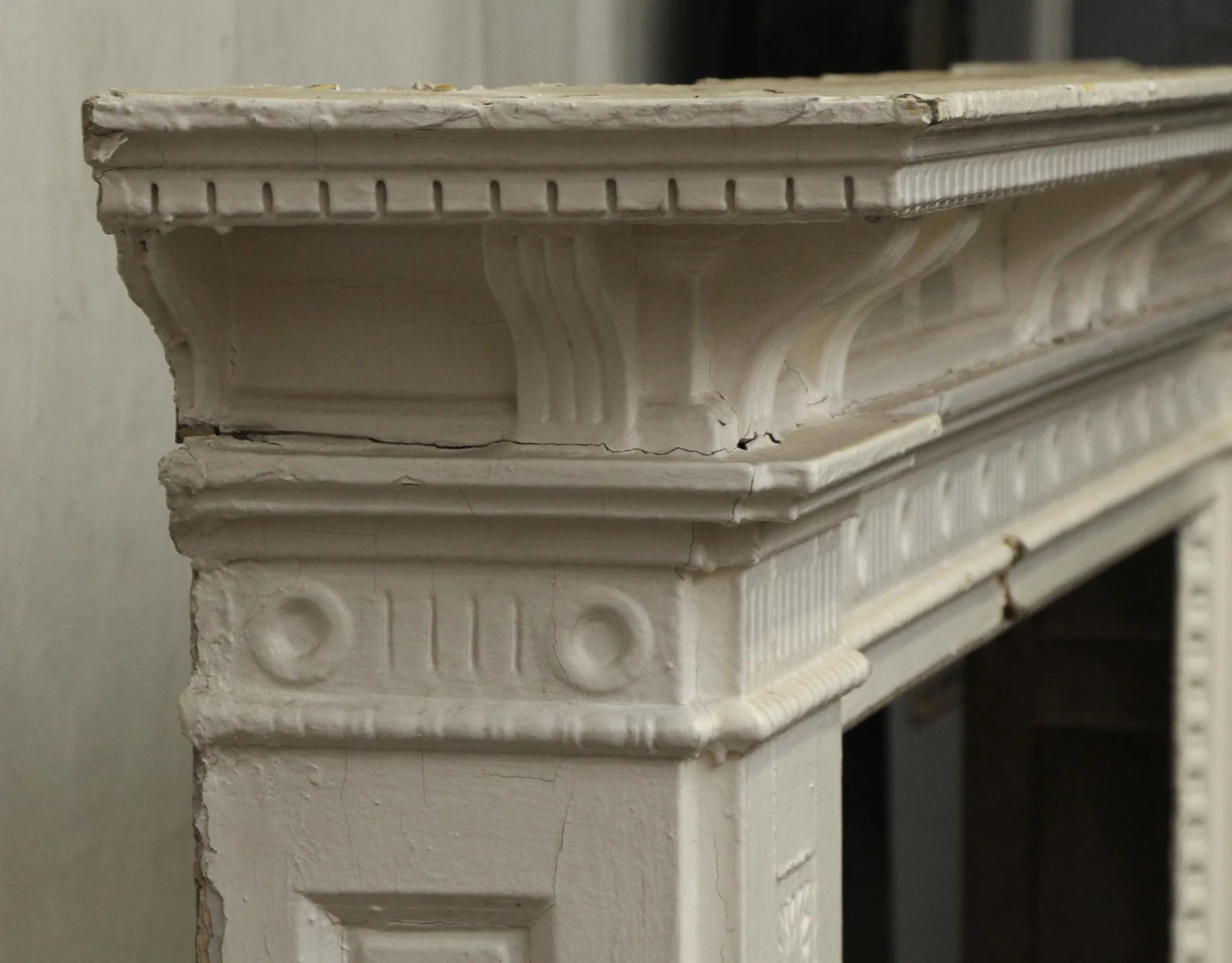 Antique Federal White Wide Wooden Fireplace Mantel 11 Antique Federal White Wide Wooden Fireplace Mantel - Image 9