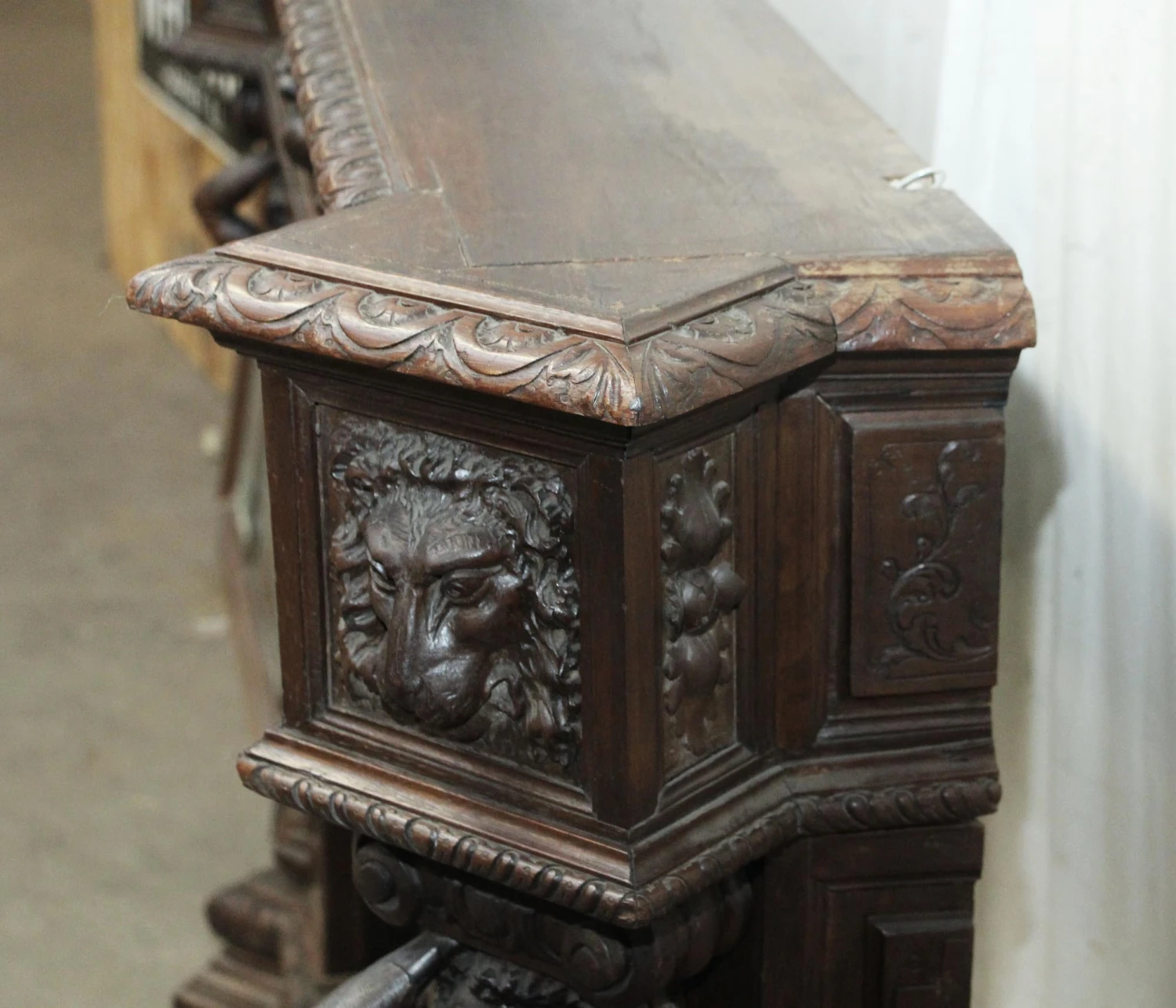 Antique 6.75 Ft. Wide Mahogany Carved Figural Mantel 12 Antique 6.75 Ft. Wide Mahogany Carved Figural Mantel - Image 10