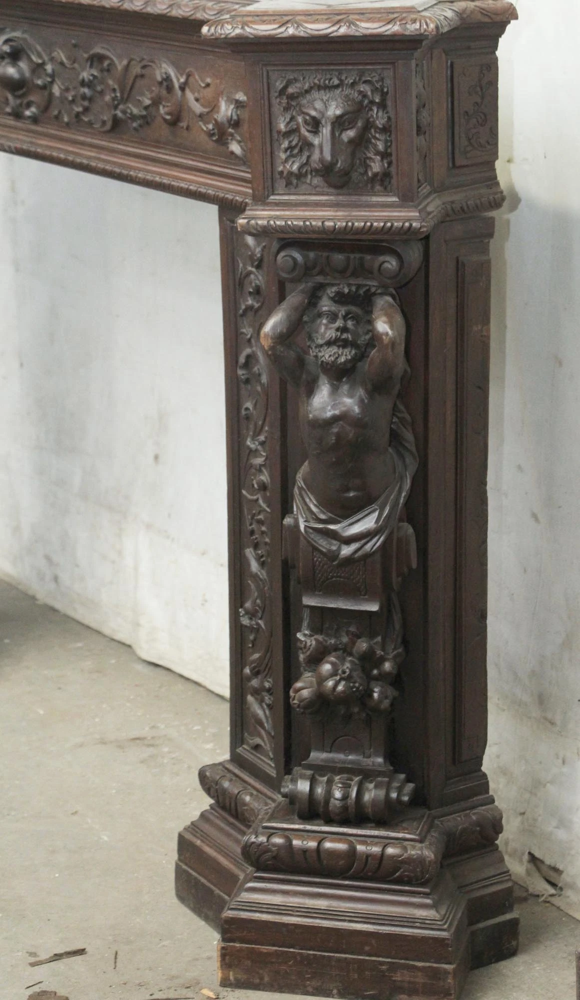 Antique 6.75 Ft. Wide Mahogany Carved Figural Mantel 15 Antique 6.75 Ft. Wide Mahogany Carved Figural Mantel - Image 13