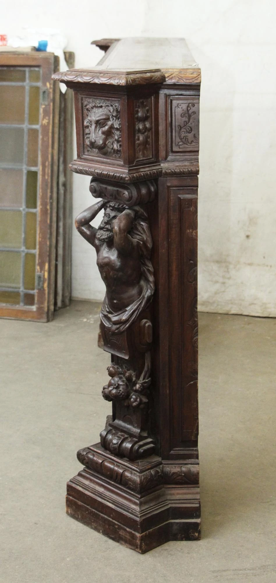 Antique 6.75 Ft. Wide Mahogany Carved Figural Mantel 16 Antique 6.75 Ft. Wide Mahogany Carved Figural Mantel - Image 14